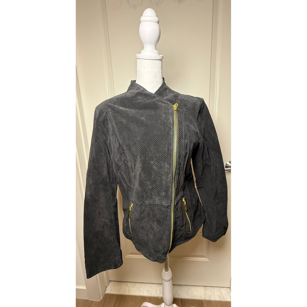 Queen Collection Black Suede Moto Jacket Gold Zip‎ Quiet Luxury